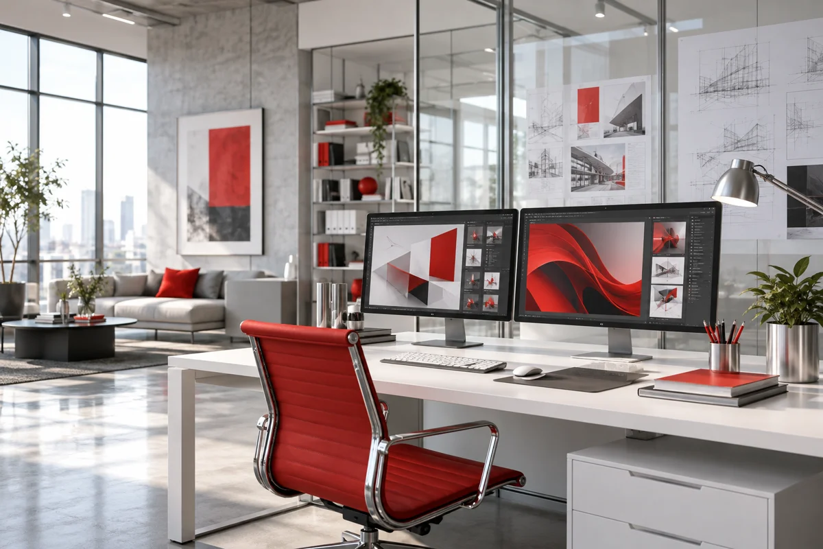 Illustrative red-accented creative studio